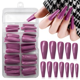 Lifextol 120pc Coffin Press on Nails Medium Length Colored Long Ballerina Fake Nails Full Cover Acrylic Tips False Artificial Fingernails Deep Magenta Medium Coffin Presson Nails for Women Girls