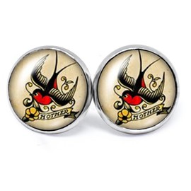 JUANLOWE Rockabilly Earrings - Various Designs - Old School Tattoo Stud Earrings Stainless Steel for Women Men Unisex, Glass