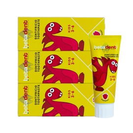 Betadent Set of 3 Toothpastes for Children 3-6 Years Raspberry Flavour Antiplaque and Caries Effect, Balanced Dosage of Fluorine Salt at a Concentration of 430 ppm F. 3 x 75 ml
