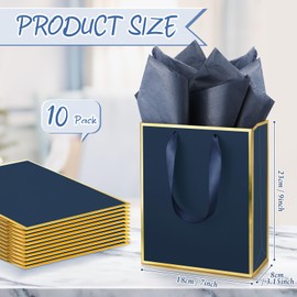 Yeaqee 10 Pack Metallic Paper Gift Bags with Handles and Tissue Paper Thank You Favor Bags for Wedding Bridal Shower Groomsmen 5 Senses Gift Bags for Him Her Birthday 9 x 7 x 3.1''(Navy Blue, Gold)