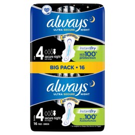 Always Ultra Secure Night Sanitary Towels with Wings Size 4 Big Pack (16 Pieces) Ultra Thin and Extra Absorbent, Odour Neutralising with SecureGuard Leak Protection and InstantDry Technology