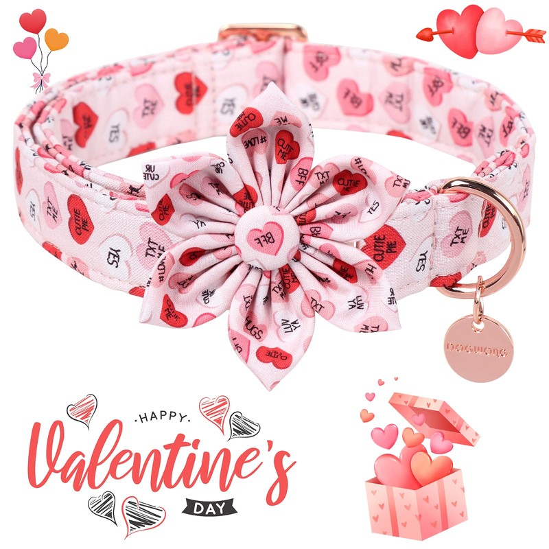 DOGWONG Valentine's Dog Collar with Flower, Adjustable Pink Heart, 100%