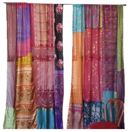 RAJBHOOMI HANDICRAFTS 1 Pair of Indian Vintage Silk Sari Patchwork Curtains – Boho, Gypsy, Hippy Room Decor, Bohemian Wall Hanging, Unique Drapes, Assorted Colors & Patterns for Home Decor.