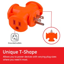 GE 50281 Heavy Duty 3 Outlet Adapter, Power Outlet Splitter, Grounded Wall Tap, Heavy Duty, UL Listed, Orange