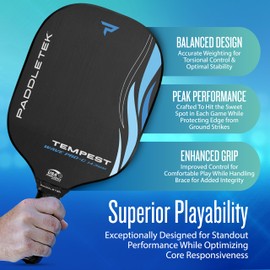 Paddletek Tempest Wave PRO-C 14.3mm - USAPA Approved Pickleball Paddles with Polymer Honeycomb Core - PT-700 Unidirectional Carbon Fiber – Torsional Weighting & High Tack Performance Grip