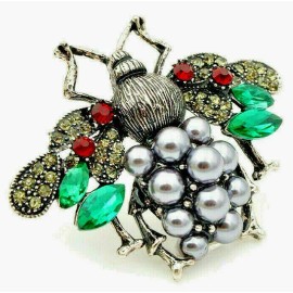 Unbranded ELEGANT Silver Pearl HONEY Bumble BEE Rhinestone Necklace Pendant Brooch Green