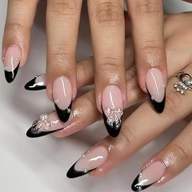 YOSOMMK Almond Press on Nails Medium French Tip Fake Nails with Bow Designs Glossy Black Stick on Nails Cute Pearl Glue on Acrylic Nails for Women and Girls