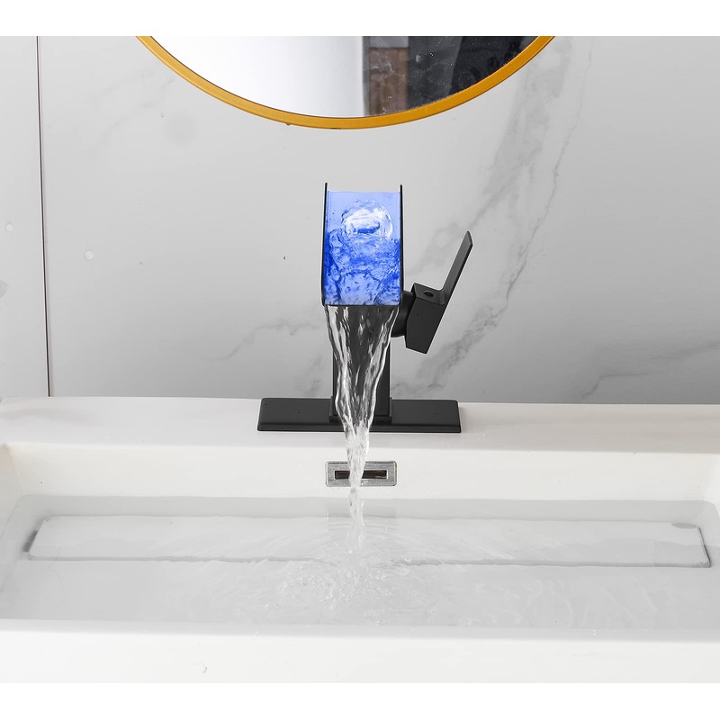 Bathroom Sink Led Faucet Waterfall Spout Black RGB 3 Colors