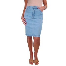 Womens Knee Length Stretch Denim Skirt Ladies 5 Pocket Jeans Pencil Skirt Bleach Pale Blue 10-22 (22)