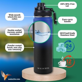 MALACIITE 22 oz Insulated Water Bottle - Stainless Steel Water Bottles - Water Bottles for School - Metal Water Bottles (Red)