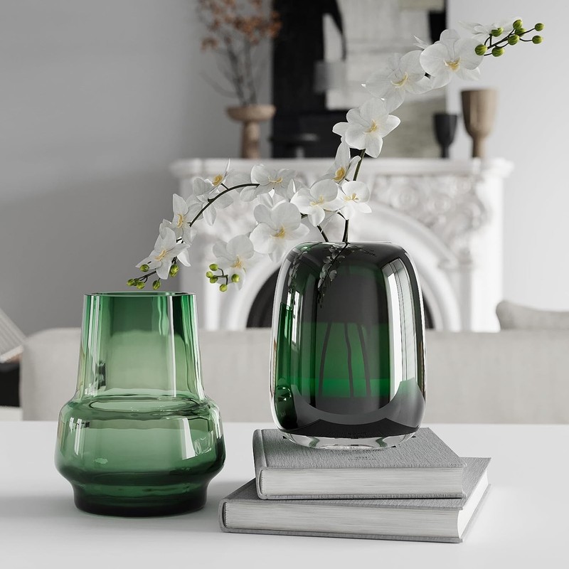 Relexome Dark Green Glass Flower Vase for Centerpieces Flowers 6.7