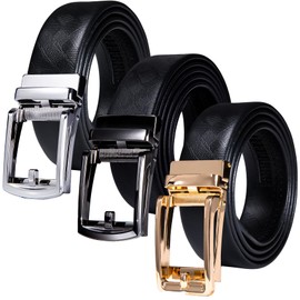 Barry.Wang Ratchet Belt 3 Buckles Gift Set Mens Belts Grain Leather Automatic Buckle 1 3/9" Father's Day Business Wedding