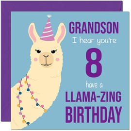 8th Grandson Llama Birthday Card - Llamazing - Funny Llama Grandsons Birthday Card for 8 Year old Kids eight, eighth
