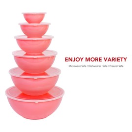 BoxedHome BPA Free Plastic Round Mixing Bowl with Lids, 12 Pack Nesting Bowls with Lids Set, Microwave and Dishwasher Safe Prep & Serving Bowls Great for Mixing, Baking, Serving (Pink, 12pcs)