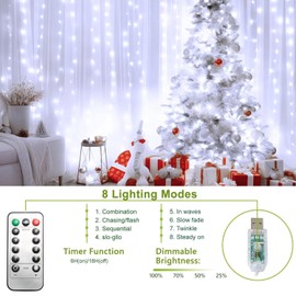 Curtain Fairy Lights for Bedroom, 300 Leds Christmas Lights, USB Twinkle Lights with Remote and Timer, 8 Modes Waterproof Window Lights for Indoor Bedroom Backdrop Wedding Party Xmas Decoration, White