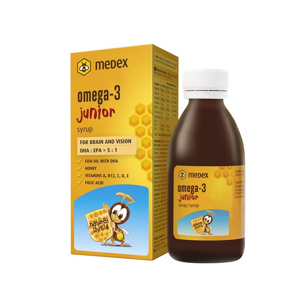 Medex Omega 3 Kinder Junior Sirup, 74% honigbasiert - 143 g Honig, ausgezeichneter Geschmack, 250 mg DHA, 50 mg EPA; zugesetzte Vitamine A, B12, C, D, E, Folsäure, ab 3 Jahren, 140 ml