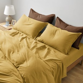 Eikei Washed Cotton Chambray Fitted Sheet Set Solid Color Casual Modern Style Bedding Set Relaxed Soft Feel Natural Wrinkled Look (Queen, Mango Yellow)