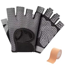 Weightlifting Gloves for Men & Women, Breathable Gym Gloves for Crossfit, Non-Slip Grip, Wrist Support & Padded Palm, Fingerless Workout Gloves for Training, Cycling, Plus 1 Roll Sports Tape (Gray)