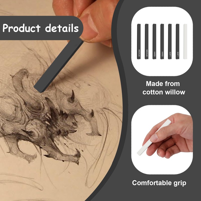 12 Pcs Graphite Sticks, Square Compressed Charcoal Sticks, Soft Willow
