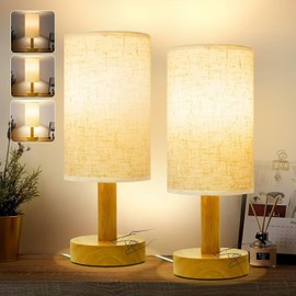 Small Corded Touch Bedside Table Lamp Set of 2 with Stepless Dimming, Natural Wood Base & Linen Fabric Shade, Soft Ambient Warm Boho Night Light for Bedroom, Nightstand, Living Room, Nursery,Kitchen