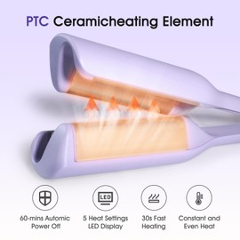 Tieumioe Beach Wave Curling Iron Deep Waver Hair Tool, Mermaid Hair Waver for Women Crimper, Anti-Scald, Dual Voltage, 1.4 Inch Ceramic Double Barrel Wavy Curling Iron, Purple