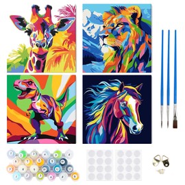 RICUVED 4 Pieces Paint by Numbers Adults Children, Painting by Numbers Animals DIY Hand Painted Oil Painting Kit Paint by Numbers Adult with Frame 3 - Brushes and Acrylic Paint Kit 20 x 20 cm