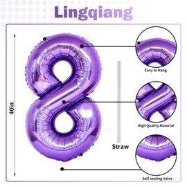 Purple Number 18 Birthday Balloons, 40 Inch Large Purple Mylar Foil Number 1 & 8 Balloons for 18 Year Old Girls, Purple 18th Birthday Balloons for Women Anniversary Party Decorations