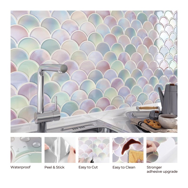 FunStick 30-Sheets Pink Fish Scale Backsplash Tile Peel and Stick