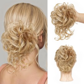 Mtuihfo Messy Bun Hair Piece, Curly Wavy Hair Buns Hair Piece - Tousled Updo Fake Hair Bun - Synthetic Messy Bun Scrunchie Hairs Pieces for Women Girls (Golden Gradient)