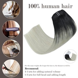 Honsoo Clip In Hair Extensions Real Human Hair, Natural Black To Sliver Gray Long 22inch 120g 7pcs Silky & Soft Hair Extensions