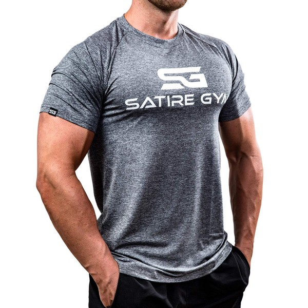 Satire Gym - T-Shirt Slim Fit Homme pour Fitness – T-Shirt de Sport à séchage Rapide – T-Shirt de Musculation Homme pour la Gym et Le Fitness – T-Shirt à Manches Courtes Homme (Gris chiné, XL)