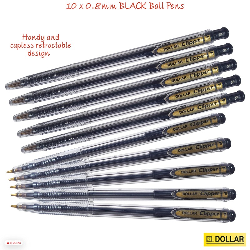 DOLLAR 10 x 0.8mm Clipper Ball Pen BLACK Retractable Soft