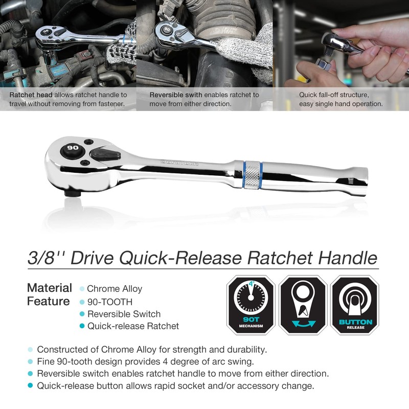 DURATECH 3/8-Inch Drive Ratchet, 90-Tooth Quick-release Ratchet Wrench, Reversible, Chrome