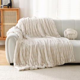 Luxury Thick Plush Double Side Ruched Faux Rabbit Fur Throw Blanket Ultra-Plush Cozy Soft Decorative Blanket Use for Couch Bed Travel(Double Ruched Beige,50"*60")