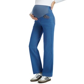 AFITNE Women's Stretch Maternity Jeans Over The Belly Straight Leg Pregnancy Denim Work Casual Pants with Pockets 29" Blue M