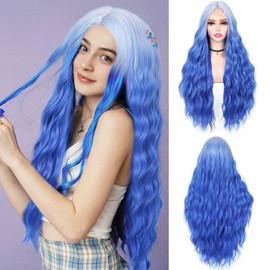 WIGNEE Long Wavy Wig Synthetic Blue Ombre Curly Wavy Wigs for Women 28 Inch Coloful Middle Part Heat Resistant Wavy Wigs Mermaid Wigs for Women Daily Party Use(Ombre Blue)