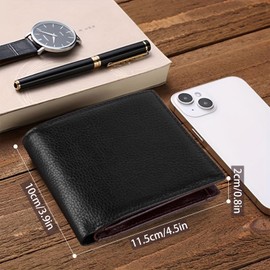 ThaxDirect Men's Bi-fold Wallet, Genuine Leather, Holds 9 Cards, Coin Purse, Large Capacity, Thin, Soft, Men's Bi-fold Wallet, Father's Day, Birthday, Anniversary, Gift, black (inner brown)