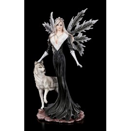 Figuren Shop GmbH Elves Fantasy Figure - Dark Aura with Wolf | Fairy, Fairy, Angel, Decorative Figure, Decorative Article, Statue, Sculpture, Height 24 cm