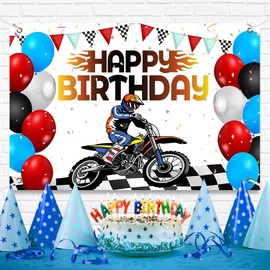 Dirt Bike Happy Birthday Banner Backdrop Motorcycle Motocross Racing Checkered Extreme Sport Theme Background Decor for Riders Boys Girls Birthday Party Favors Decorations Supplies 70.8x47.2in-BECKTEN
