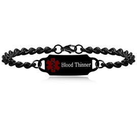 Uloveido Blood Thinner Awareness Medical Alert Bracelet - Stainless Steel Cuban Link Chain Bracelets for Him or Her YA4983 (Black)