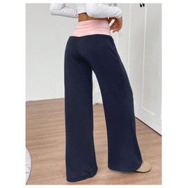 SOLY HUX Women's Sweatpants Color Block Low Rise Fold Over Waist Baggy Wide Leg Pants Dark Blue and Pink Small