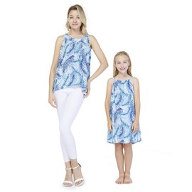 Matching Hawaiian Luau Mother Daughter Tank Top and Round Neck Dress in Simply Blue Leaf XL-6