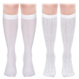 Suhine 2 Pair Oktoberfest Socks Lace Trim Ruffle Long Socks and Satin White Stockings for Women Girls (Hollow,Knee High)