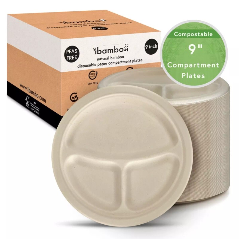Ibambo Bamboo Disposable Paper Plates - Compostable Plate, PFAS Free