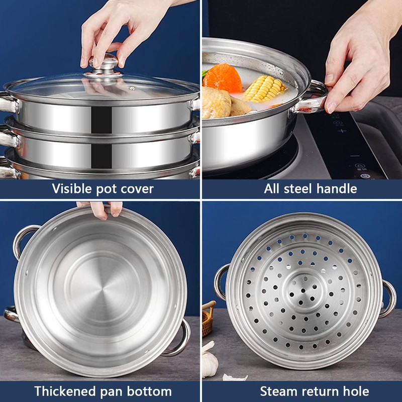Steamer Pot for Cooking 11 inch, Steamer Pots 3-tier Multipurpose