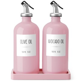 CMLKLZD Olive Oil Dispenser Bottle for Kitchen, 16oz Glass Oil and Vinegar Dispenser Set with Wood Tray & 54 Labels - Coffee Syrup Dispenser - Pink Kitchen Decor and Accessories - Set of 2