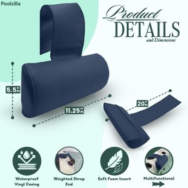 Poolzilla Universal Blue Spa Pillow, Made of Soft Foam for Outdoor Hot Tubs and Chaise lounges - Adjustable Headrest and Weighted That Fits Any Spa