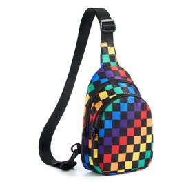 Checkered Sling Bag for Women Small Backpack Crossbody Chest Bag Fanny Packs Purses (Checkered Sling Bag - Rainbow Black)