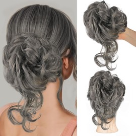 Mtuihfo Messy Bun Hair Piece, Curly Wavy Hair Buns Hair Piece - Tousled Updo Fake Hair Bun - Synthetic Messy Bun Scrunchie Hairs Pieces for Women Girls (Dark Gray)