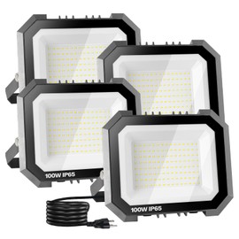 Leddictive 4 Pack LED Flood Lights Outdoor, 100W 10000LM Super Bright Floodlight Outside Work Light with 5.9FT Plug, IP65 Waterproof 6000K Outdoor LED Flood Light for Garage, Yard, Lawn, Garden